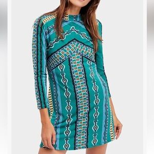 SALE! Free People Stella Long Sleeve Mock Neck Printed Mini Dress Green Large